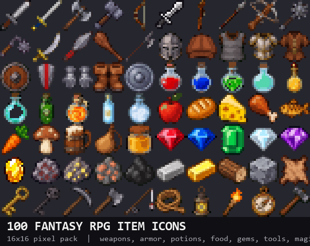 Cover of the 100 Fantasy RPG Item Icons pack: pixel swords, potions, scrolls and treasure on a dark grid
