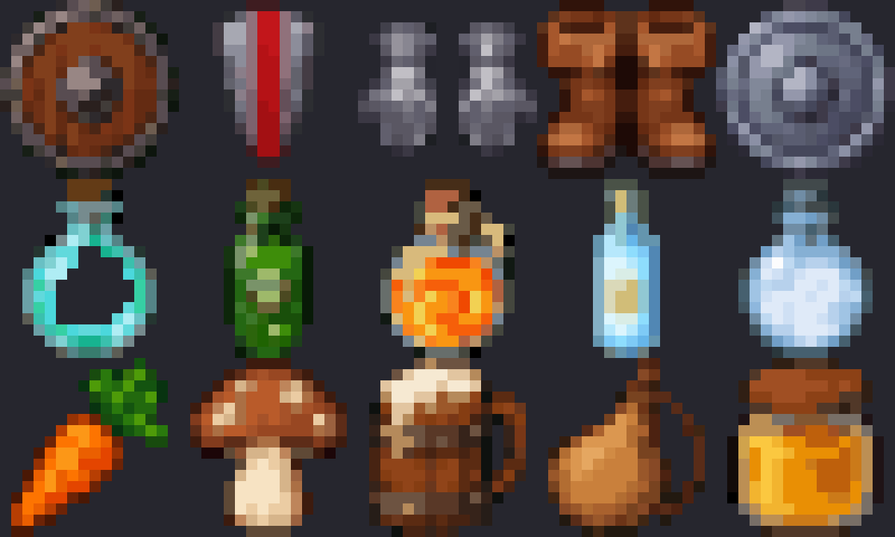 Close-up of pixel item icons from the RPG pack