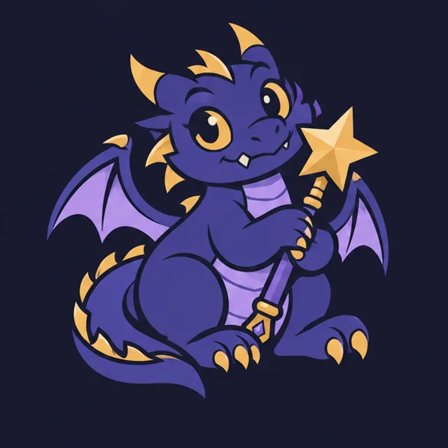 The Wyrm & Wand dragon, a chubby purple plush wyrm hugging a star-tipped wand